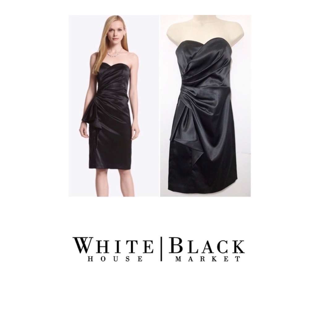 White House Black Market black satin strapless bodycon dress. Size 0.Retail $180